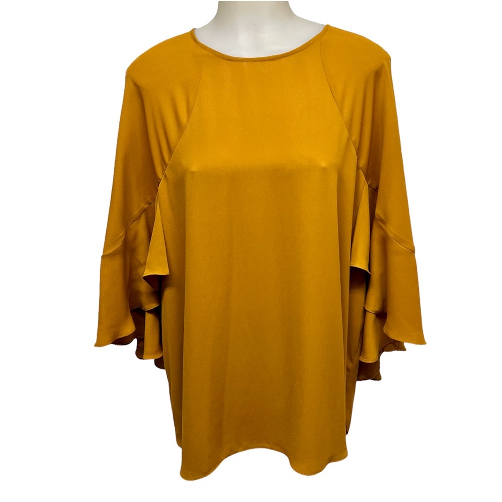 GIBSON  LATIMER Blouse Mustard Drape Bell Sleeves Sz L Whimsical Fairy N…